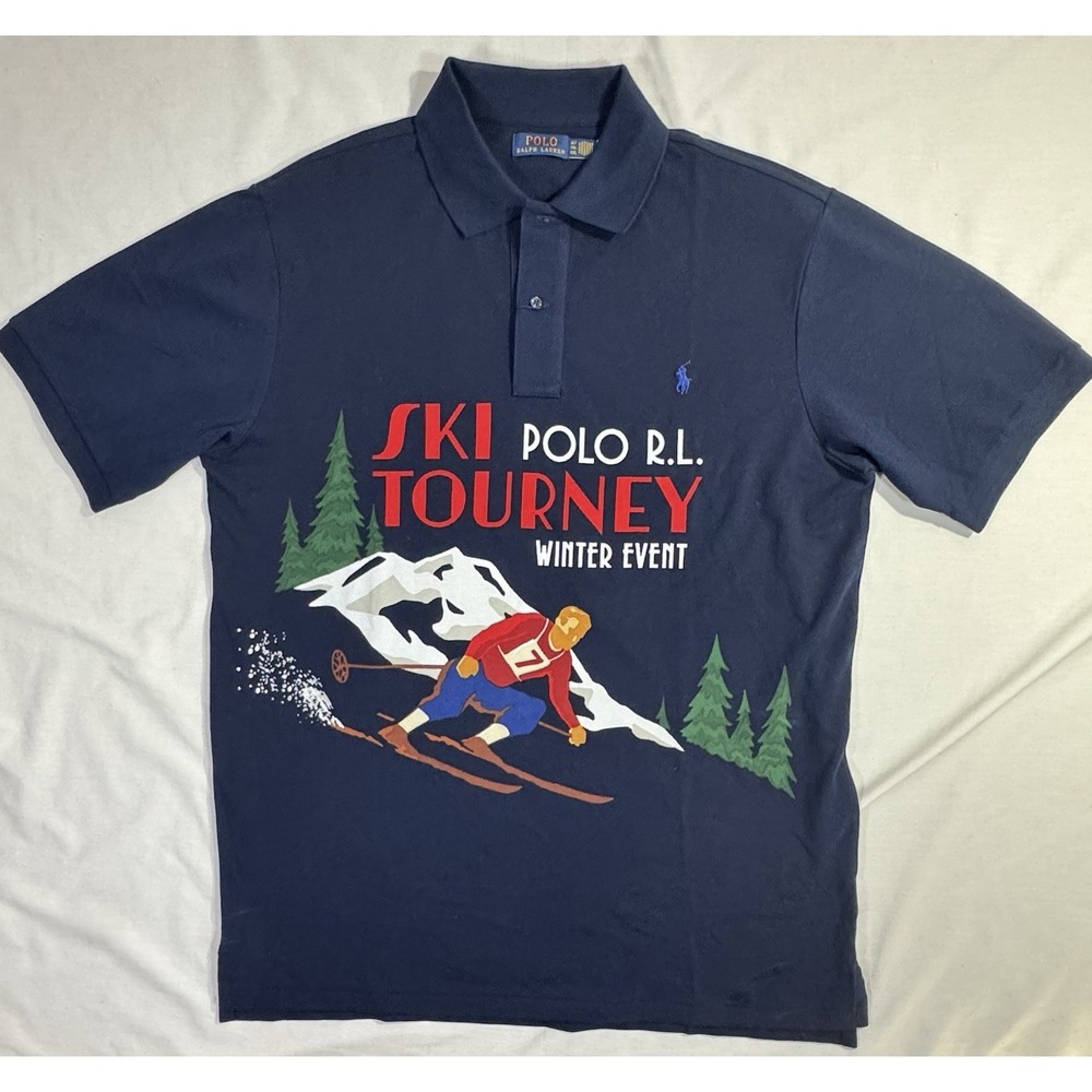 NWOT Polo Ralph Lauren SKI Tourney Print Mesh Knit Collared Polo Shirt Navy XLT